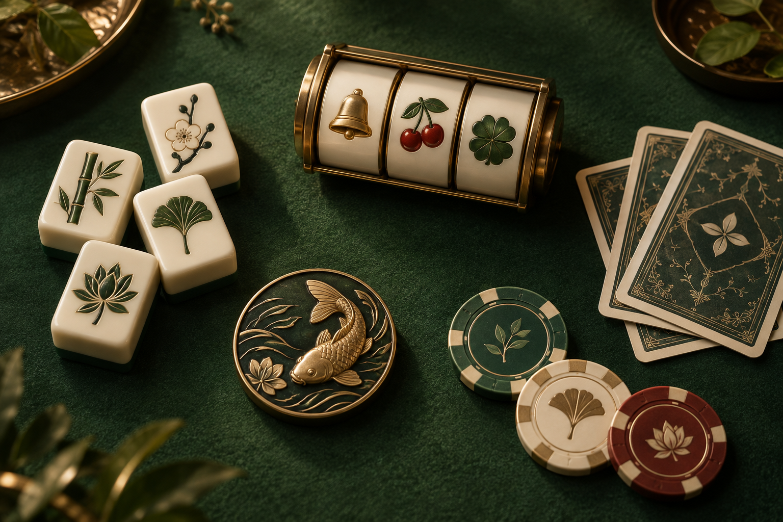 Ilustrasi ubin mahjong, gulungan slot, kartu, dan keping di meja hijau